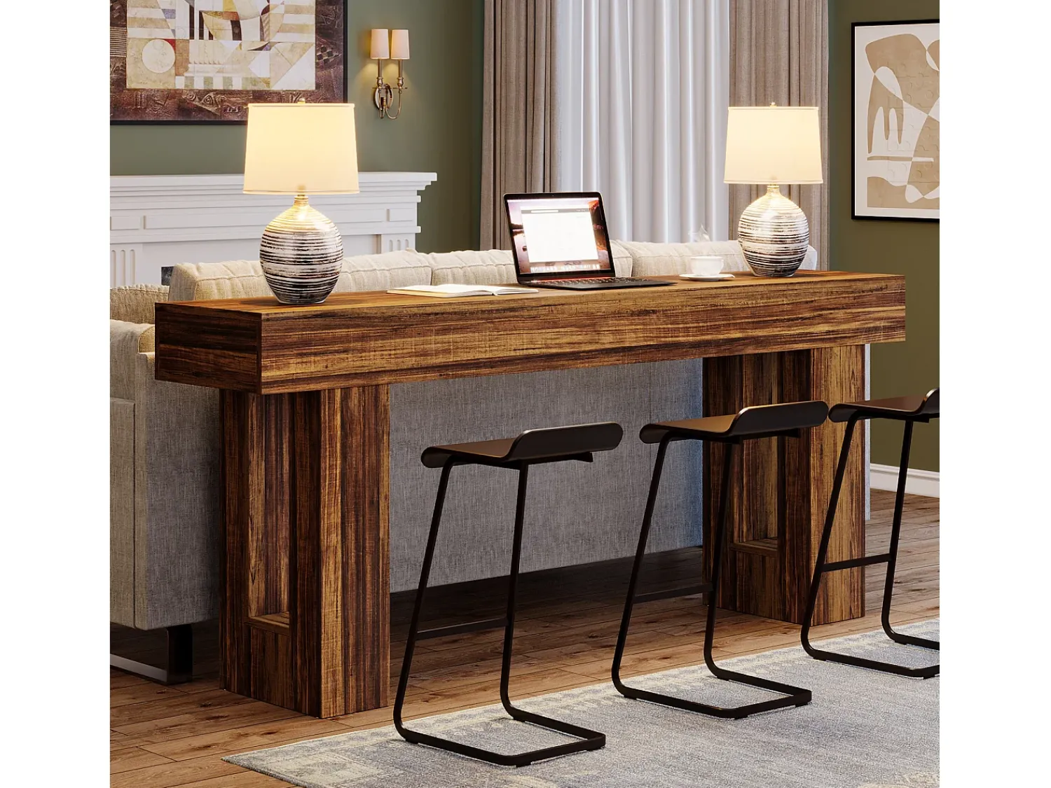 Consola*Tribesigns Mesa de console de 160 cm de comprimento, mesa de sofá retangular de madeira para atrás do sofá, estilo fazenda Castanho