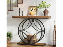 Consola*Tribesigns Mesa de console de 120 cm, Mesa para sofá industrial de dois níveis com estrutura metálica geométrica, Mesas estreitas para entrada decorativas Castanho