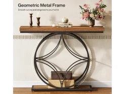 Consola*Tribesigns Mesa de console de 120 cm, Mesa para sofá industrial de dois níveis com estrutura metálica geométrica, Mesas estreitas para entrada decorativas Castanho
