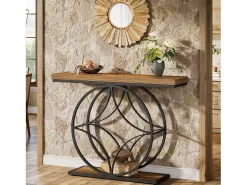 Consola*Tribesigns Mesa de console de 120 cm, Mesa para sofá industrial de dois níveis com estrutura metálica geométrica, Mesas estreitas para entrada decorativas Castanho