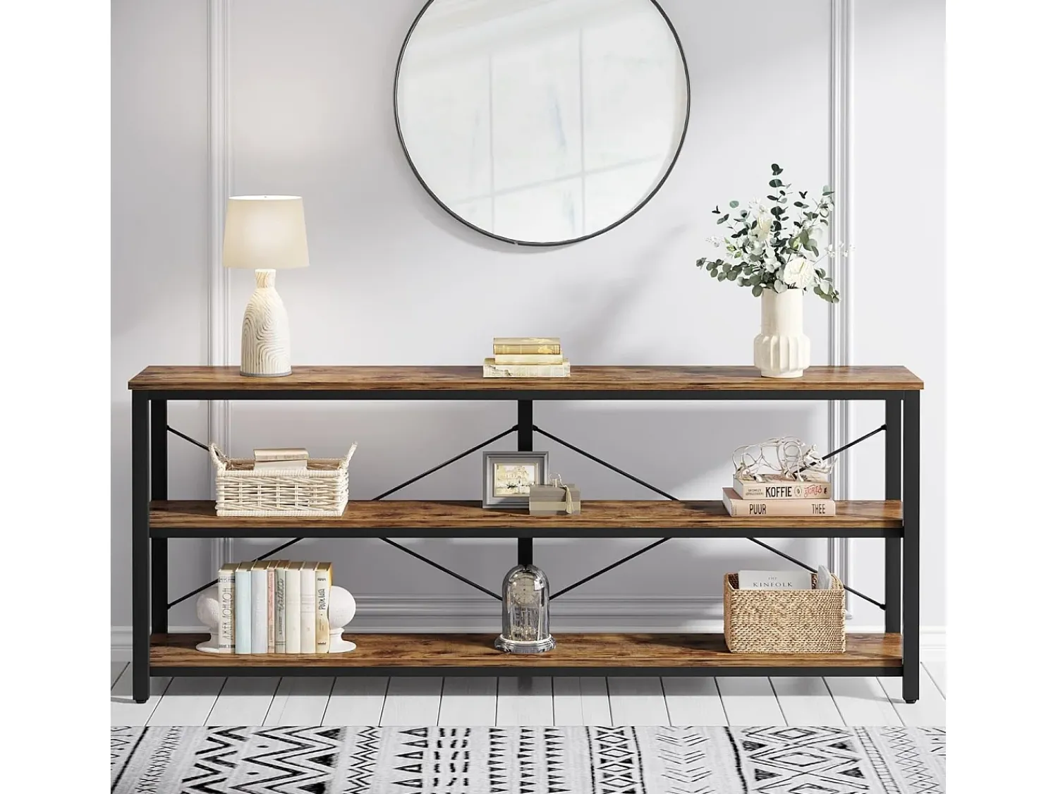 Consola*Tribesigns Mesa de Console de 180 cm, Mesa de sofá com 3 níveis em estilo industrial com estrutura de metal Castanho