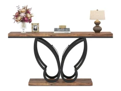 Sale Tribesigns Mesa de console de 140 cm, Mesa de entrada com moldura em metal em formato de borboleta, Mesa de sofá, Mesas auxiliares longas e estreitas, Marrom e Preto Castanho