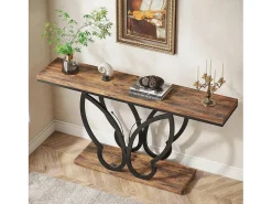 Sale Tribesigns Mesa de console de 140 cm, Mesa de entrada com moldura em metal em formato de borboleta, Mesa de sofá, Mesas auxiliares longas e estreitas, Marrom e Preto Castanho