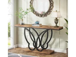 Sale Tribesigns Mesa de console de 140 cm, Mesa de entrada com moldura em metal em formato de borboleta, Mesa de sofá, Mesas auxiliares longas e estreitas, Marrom e Preto Castanho
