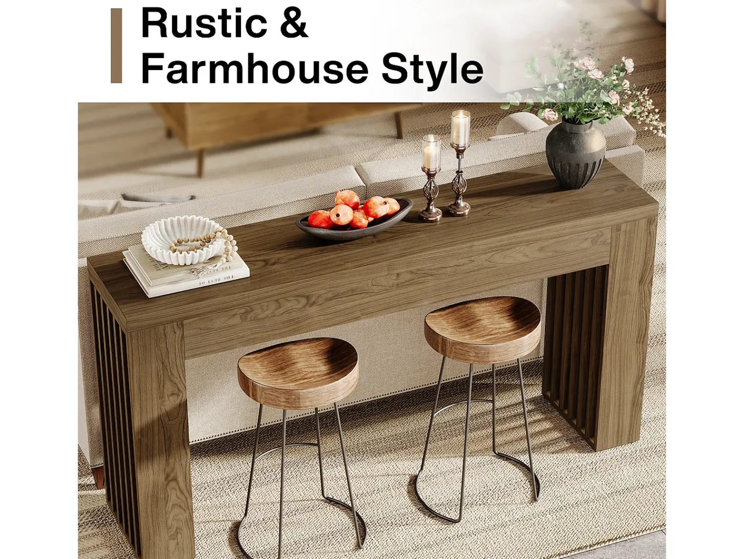 Consola*Tribesigns Mesa de console de 150 cm para sala de estar, mesa para entrada em estilo casa de campo com pernas em listras verticais Castanho