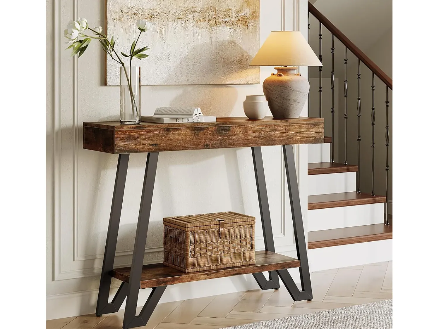 Tribesigns Mesa de Console de 103cm com Quadro Metálico Geométrico, Mesas de Entrada, Prateleiras de Armazenamento, 2 Camadas^ Consola