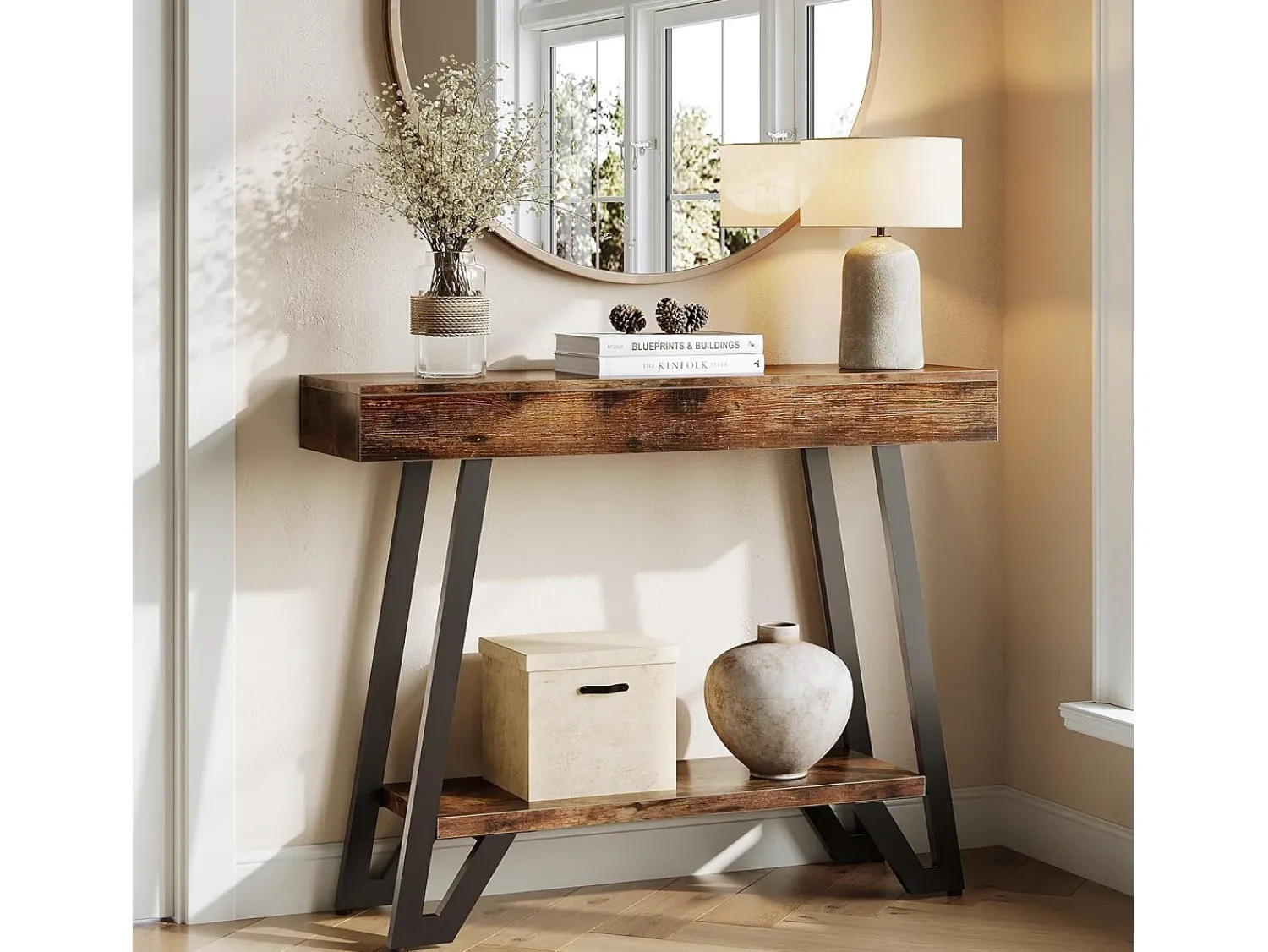 Tribesigns Mesa de Console de 103cm com Quadro Metálico Geométrico, Mesas de Entrada, Prateleiras de Armazenamento, 2 Camadas^ Consola