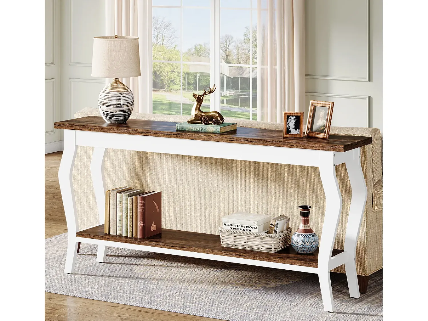 Consola|Tribesigns Mesa de Console de 180cm de Comprimento, Mesa de Sofá Vintage de 2 Camadas Behind The Couch Castanho