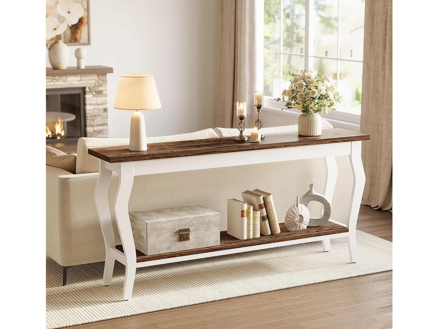Consola|Tribesigns Mesa de Console de 180cm de Comprimento, Mesa de Sofá Vintage de 2 Camadas Behind The Couch Castanho