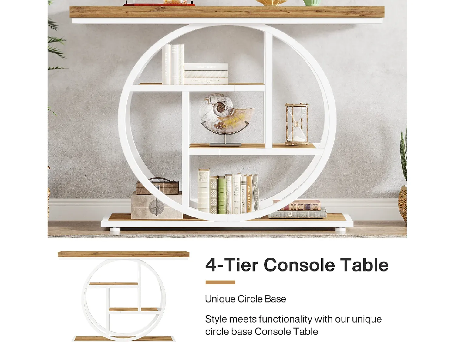 Tribesigns Mesa de Console de 105cm, Mesa de Sofá Industrial de 4 Andares com Base Circular para Entrada Natural claro