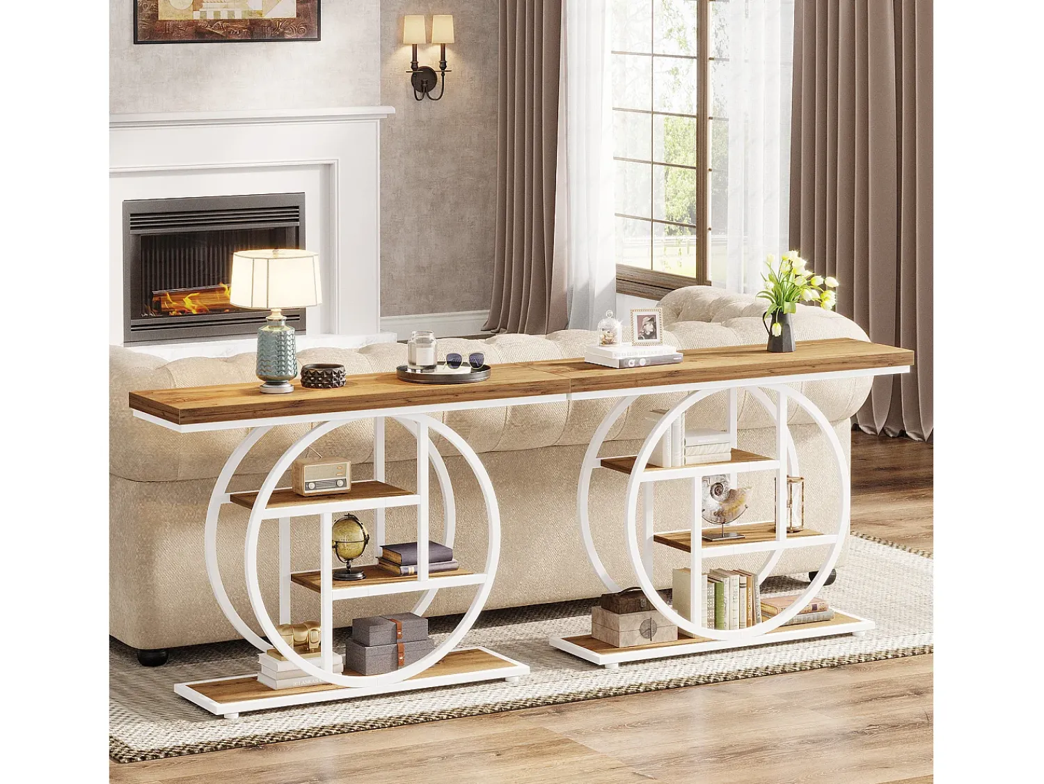Tribesigns Mesa de Console de 105cm, Mesa de Sofá Industrial de 4 Andares com Base Circular para Entrada Natural claro