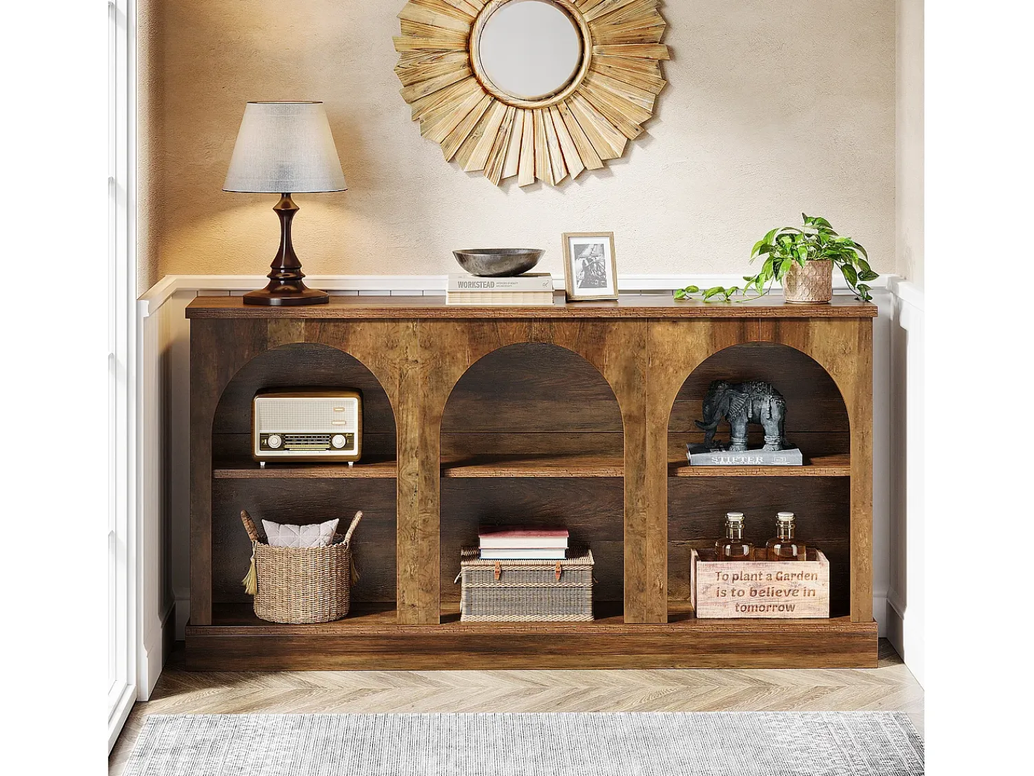 Consola|Tribesigns Mesa de console de estilo rústico de 160 cm de comprimento com 3 níveis de armazenamento, marrom Castanho