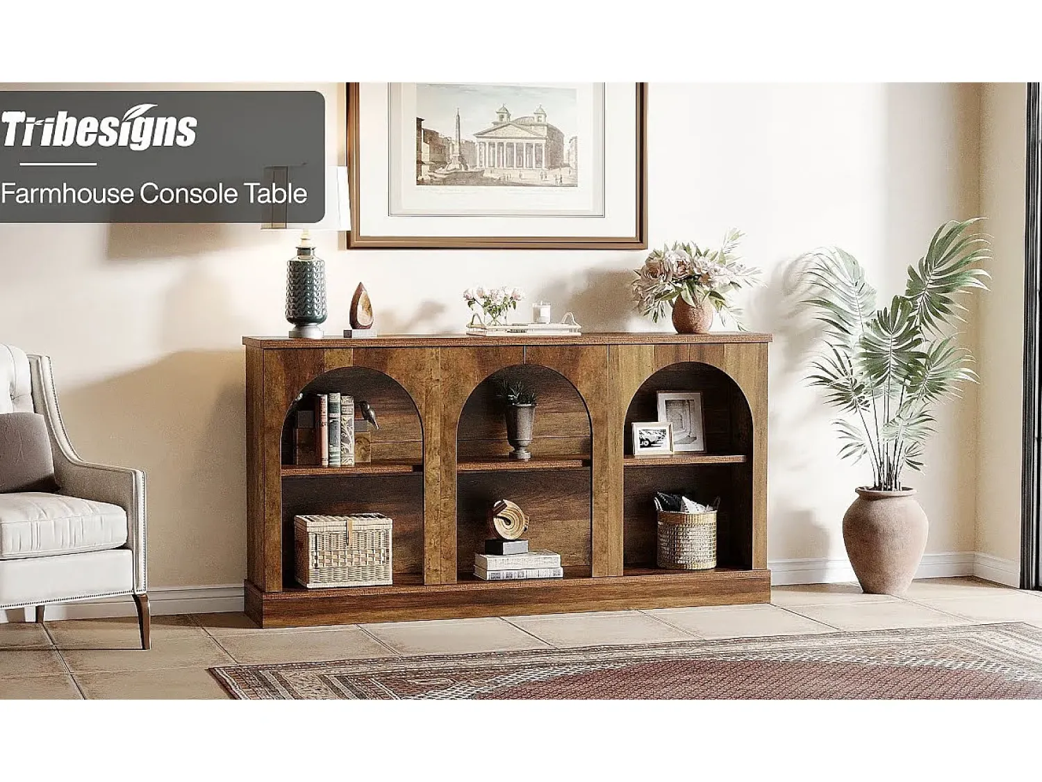 Consola|Tribesigns Mesa de console de estilo rústico de 160 cm de comprimento com 3 níveis de armazenamento, marrom Castanho