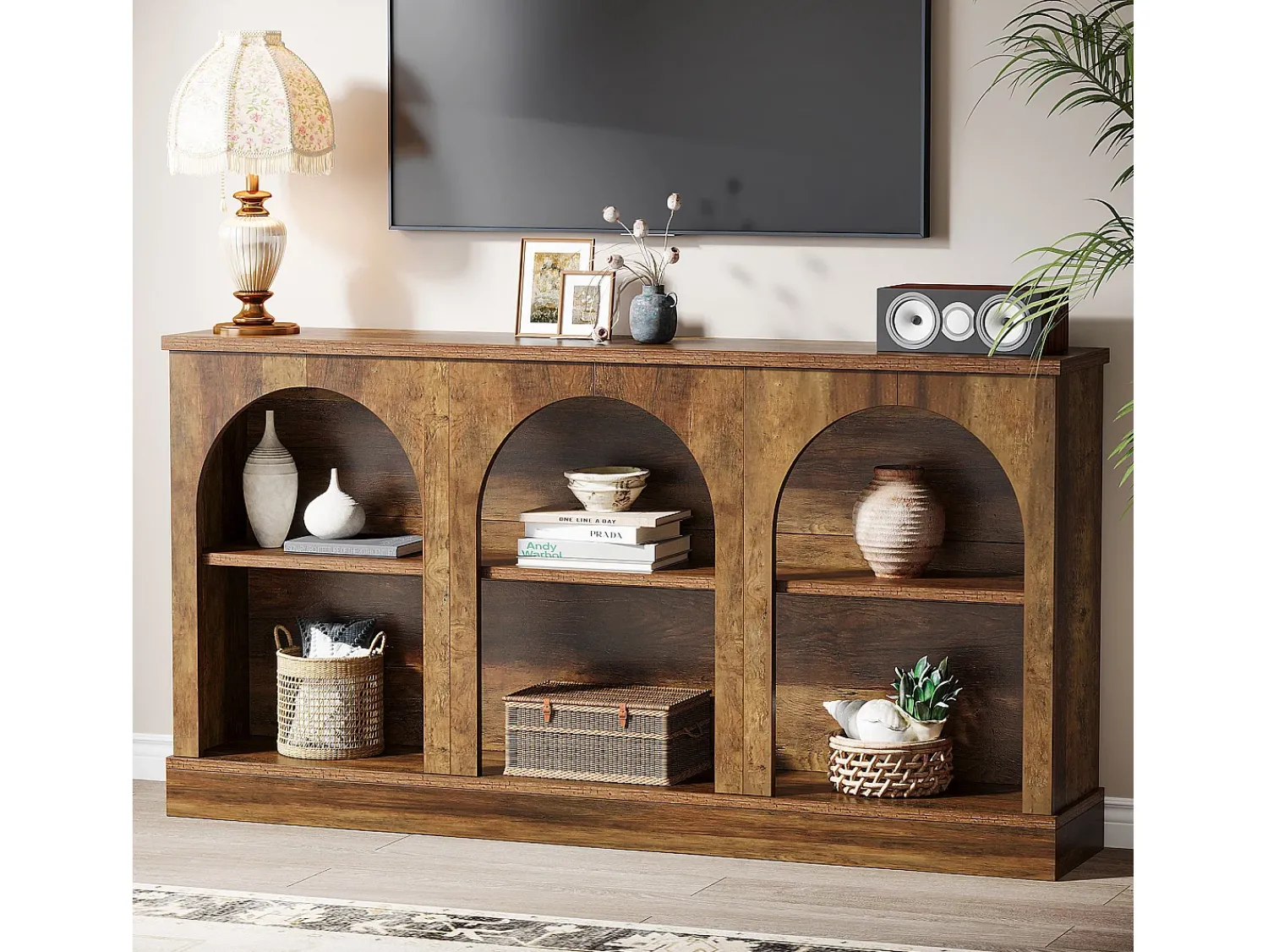 Consola|Tribesigns Mesa de console de estilo rústico de 160 cm de comprimento com 3 níveis de armazenamento, marrom Castanho