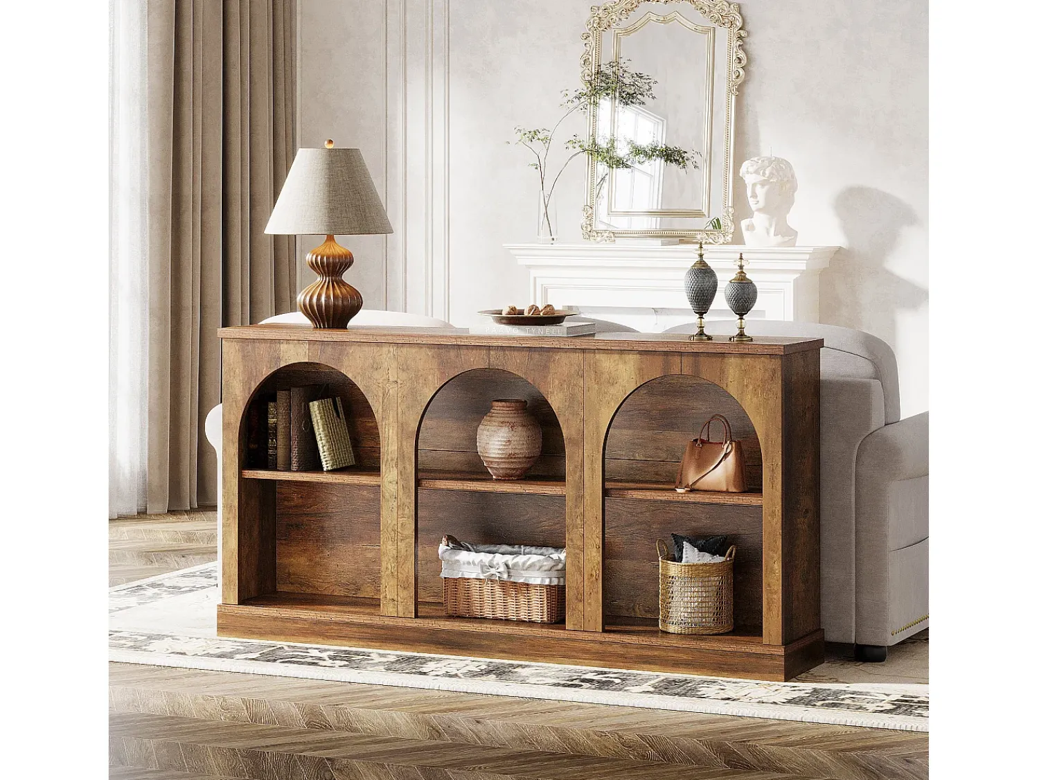 Consola|Tribesigns Mesa de console de estilo rústico de 160 cm de comprimento com 3 níveis de armazenamento, marrom Castanho