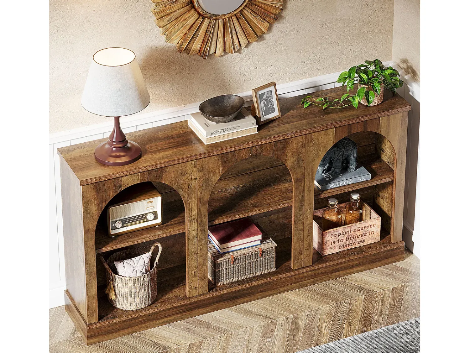 Consola|Tribesigns Mesa de console de estilo rústico de 160 cm de comprimento com 3 níveis de armazenamento, marrom Castanho
