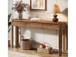 Consola|Tribesigns Mesa de Console de Madeira Sólida com 3 Gavetas, Mesa de Entrada de 160cm de Comprimento com Cantos Arredondados Castanho