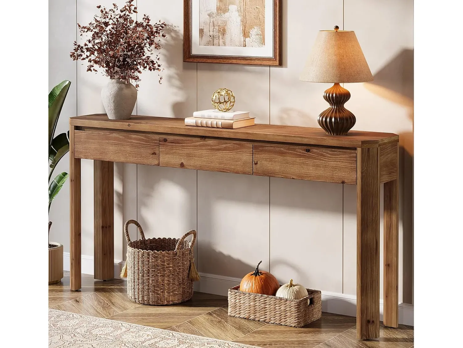 Consola|Tribesigns Mesa de Console de Madeira Sólida com 3 Gavetas, Mesa de Entrada de 160cm de Comprimento com Cantos Arredondados Castanho
