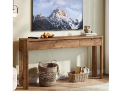 Consola|Tribesigns Mesa de Console de Madeira Sólida com 3 Gavetas, Mesa de Entrada de 160cm de Comprimento com Cantos Arredondados Castanho