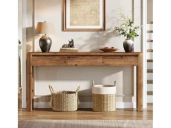 Consola|Tribesigns Mesa de Console de Madeira Sólida com 3 Gavetas, Mesa de Entrada de 160cm de Comprimento com Cantos Arredondados Castanho