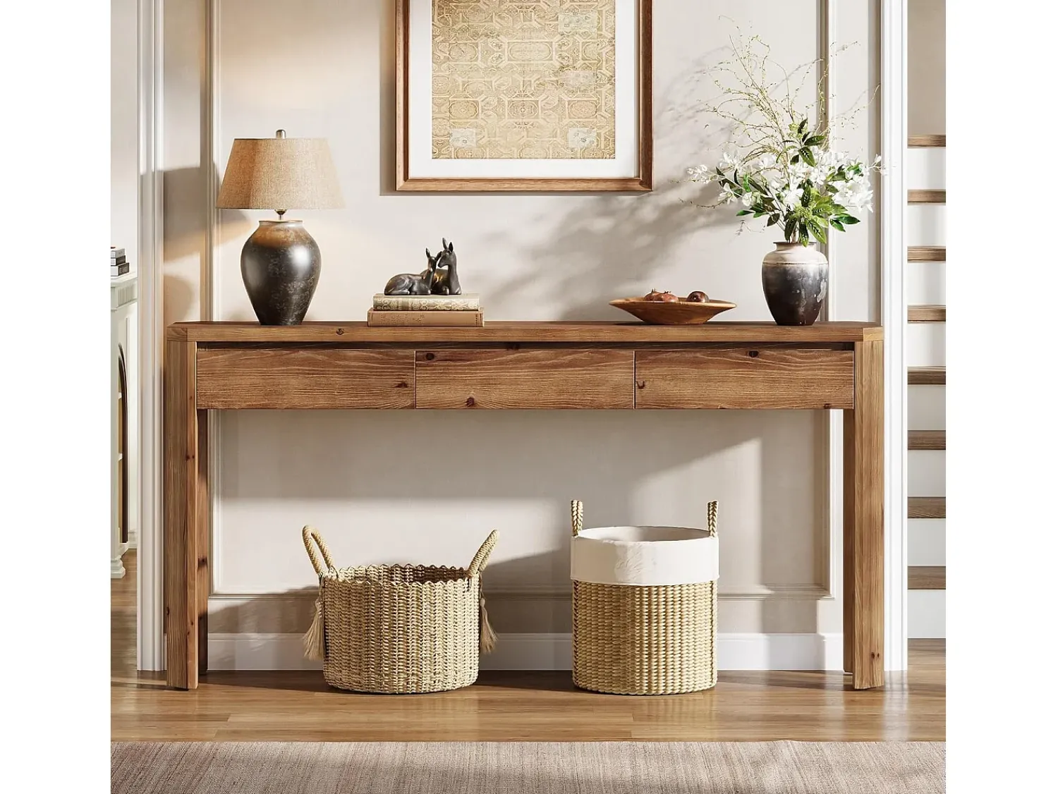 Consola|Tribesigns Mesa de Console de Madeira Sólida com 3 Gavetas, Mesa de Entrada de 160cm de Comprimento com Cantos Arredondados Castanho