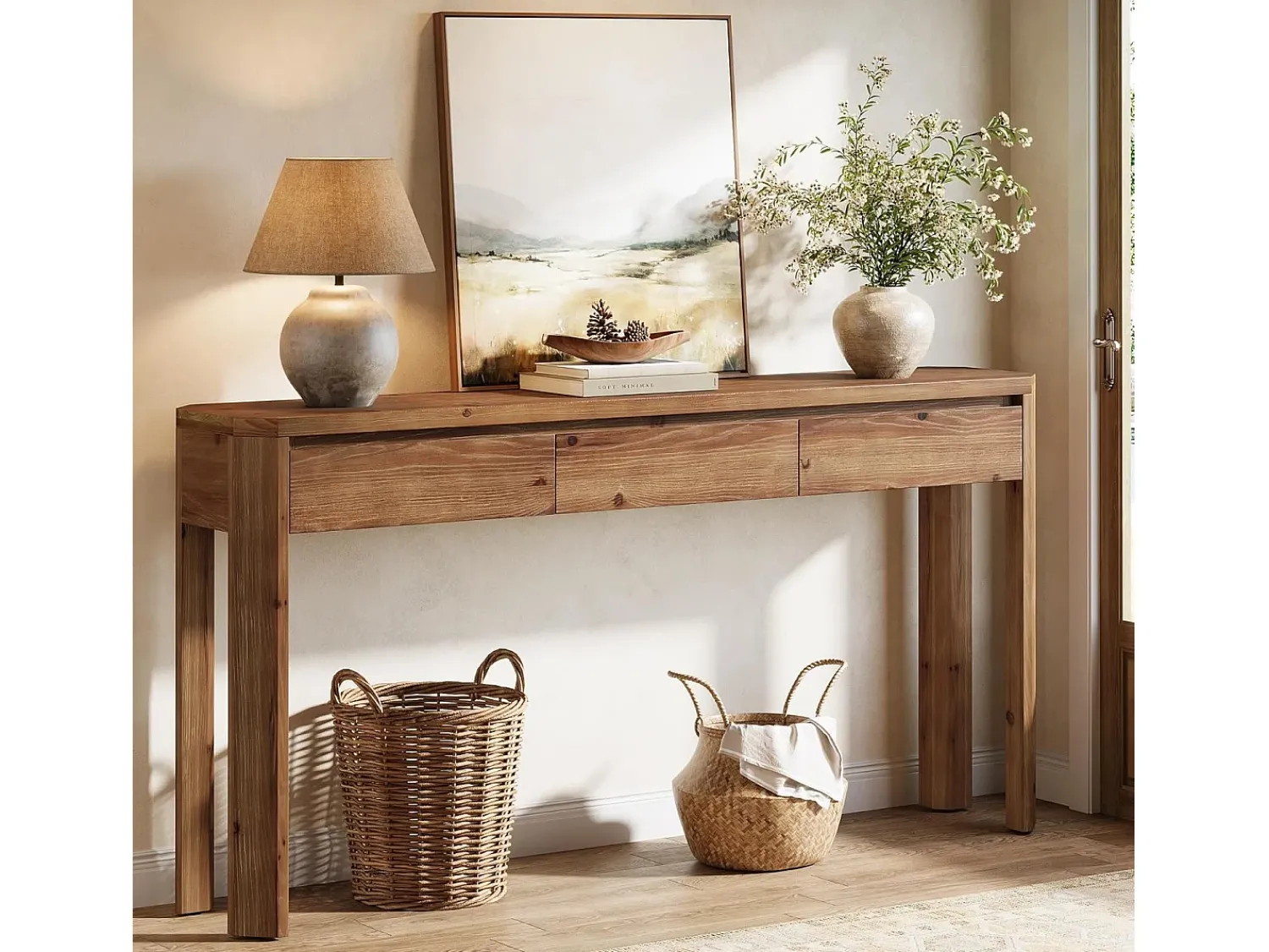 Consola|Tribesigns Mesa de Console de Madeira Sólida com 3 Gavetas, Mesa de Entrada de 160cm de Comprimento com Cantos Arredondados Castanho