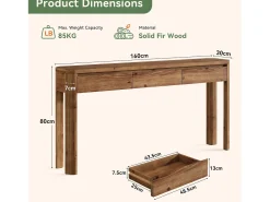 Consola|Tribesigns Mesa de Console de Madeira Sólida com 3 Gavetas, Mesa de Entrada de 160cm de Comprimento com Cantos Arredondados Castanho