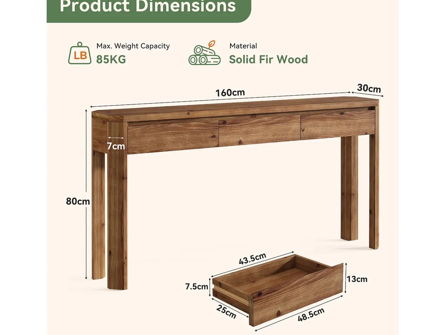 Consola|Tribesigns Mesa de Console de Madeira Sólida com 3 Gavetas, Mesa de Entrada de 160cm de Comprimento com Cantos Arredondados Castanho