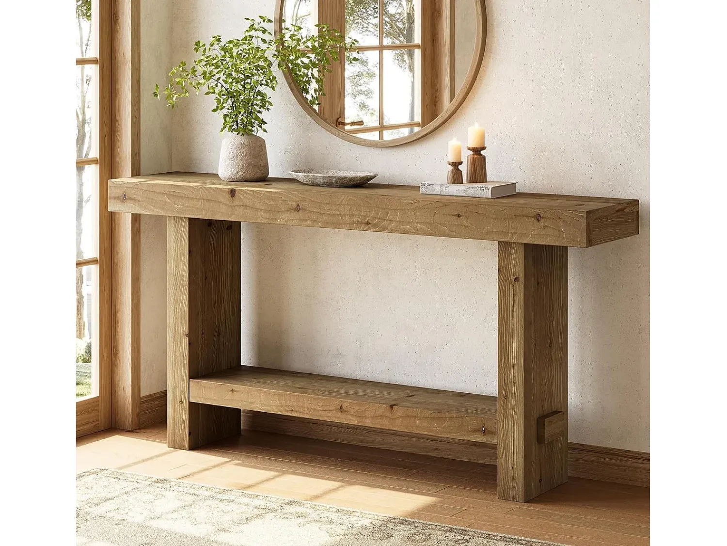 Consola*Tribesigns Mesa de console de madeira sólida de 160 cm, mesa estreita de entrada de fazenda de dois níveis para corredor, entrada Castanho