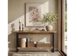 Consola*Tribesigns Mesa de console de madeira maciça com borda natural para entrada, estilo caseiro, 160 cm, mesa estreita e longa para sofa, atrás do sofá Castanho