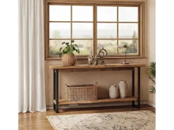 Consola*Tribesigns Mesa de console de madeira maciça com borda natural para entrada, estilo caseiro, 160 cm, mesa estreita e longa para sofa, atrás do sofá Castanho