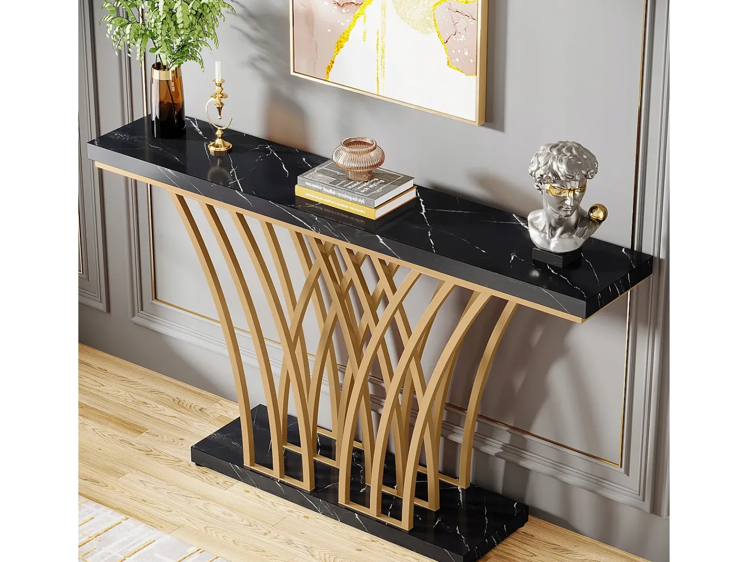 Clearance Tribesigns Mesa de Console Dourada - 150 x 29,5 x 80 cm - Moderna - com Pés de Metal em Formato de Grade - para Entrada, Corredor, Entrada, Sala (Preta) Preto