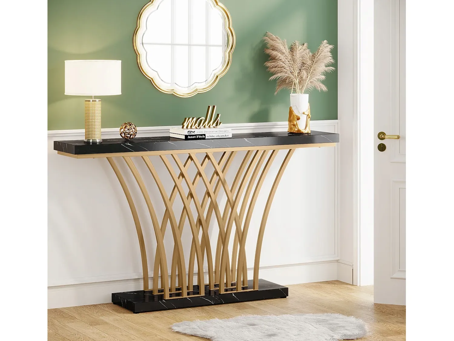 Clearance Tribesigns Mesa de Console Dourada - 150 x 29,5 x 80 cm - Moderna - com Pés de Metal em Formato de Grade - para Entrada, Corredor, Entrada, Sala (Preta) Preto
