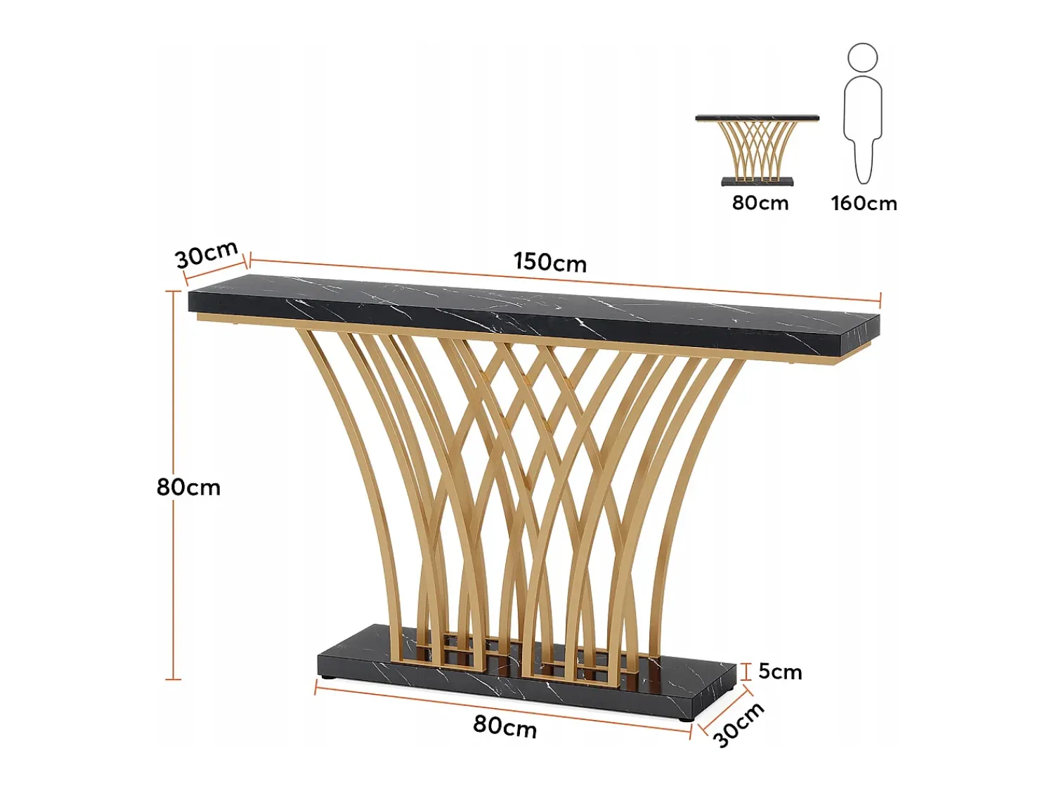 Clearance Tribesigns Mesa de Console Dourada - 150 x 29,5 x 80 cm - Moderna - com Pés de Metal em Formato de Grade - para Entrada, Corredor, Entrada, Sala (Preta) Preto