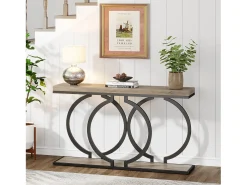 Tribesigns Mesa de console dourada de 140 cm, Mesa de entrada moderna com pés em metal dourado em formato de O, 140 x 30 x 80 cm, Cinza^ Consola