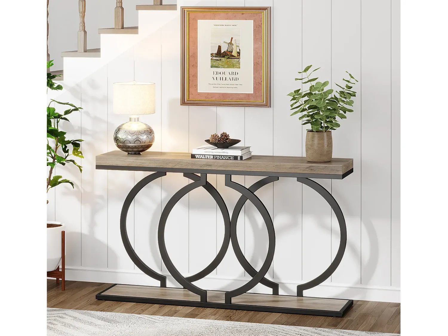 Tribesigns Mesa de console dourada de 140 cm, Mesa de entrada moderna com pés em metal dourado em formato de O, 140 x 30 x 80 cm, Cinza^ Consola