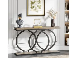 Tribesigns Mesa de console dourada de 140 cm, Mesa de entrada moderna com pés em metal dourado em formato de O, 140 x 30 x 80 cm, Cinza^ Consola