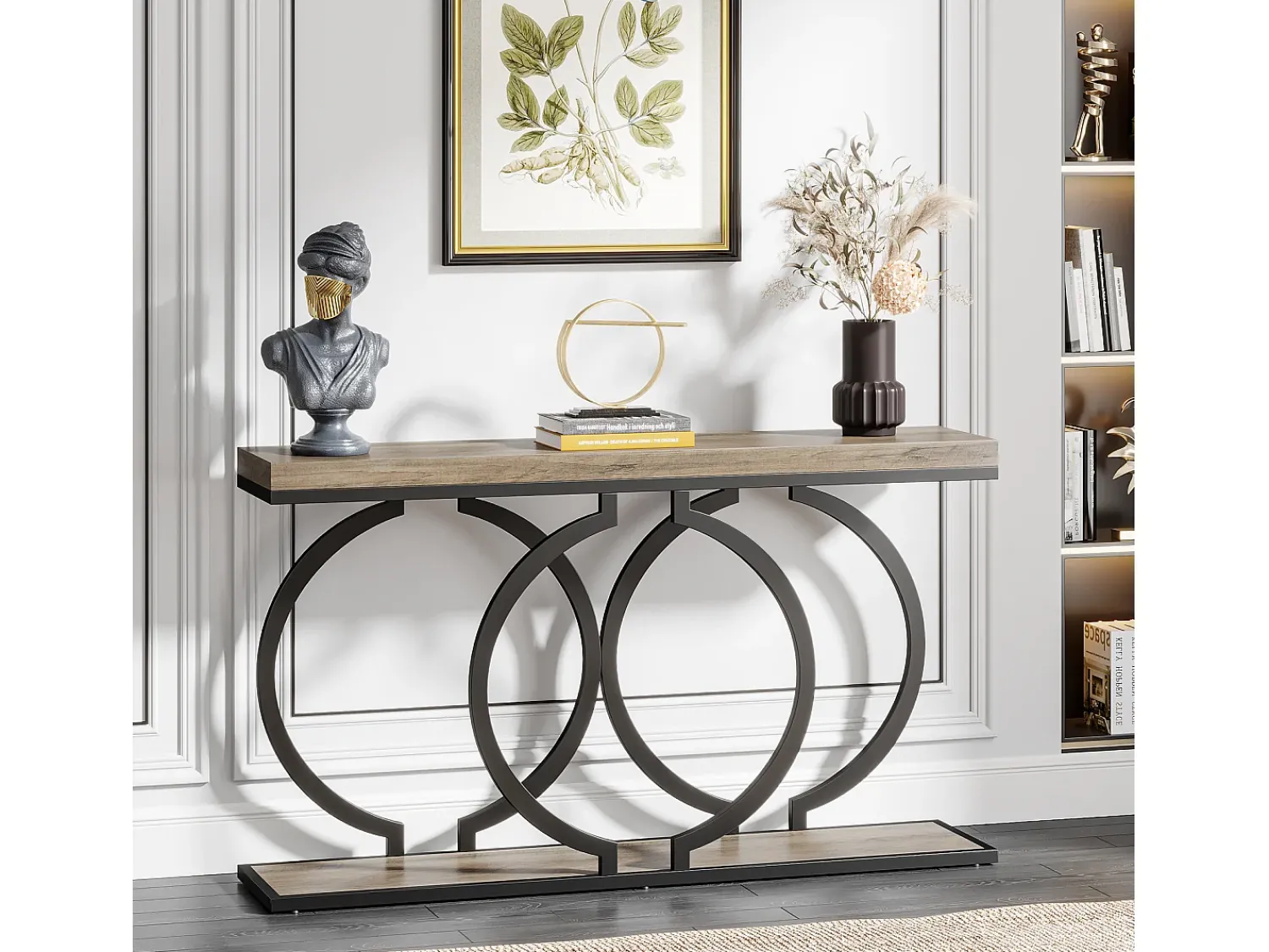 Tribesigns Mesa de console dourada de 140 cm, Mesa de entrada moderna com pés em metal dourado em formato de O, 140 x 30 x 80 cm, Cinza^ Consola