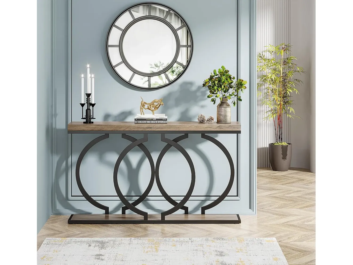 Tribesigns Mesa de console dourada de 140 cm, Mesa de entrada moderna com pés em metal dourado em formato de O, 140 x 30 x 80 cm, Cinza^ Consola