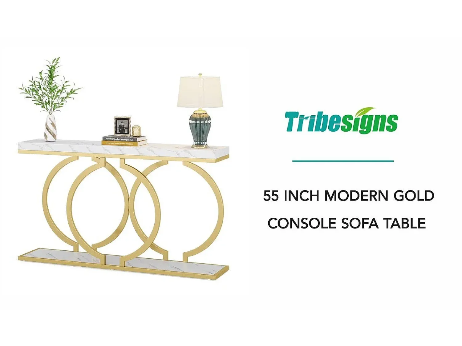 Tribesigns Mesa de console dourada de 140 cm, Mesa de entrada moderna com pés em metal dourado em formato de O, 140 x 30 x 80 cm, Cinza^ Consola