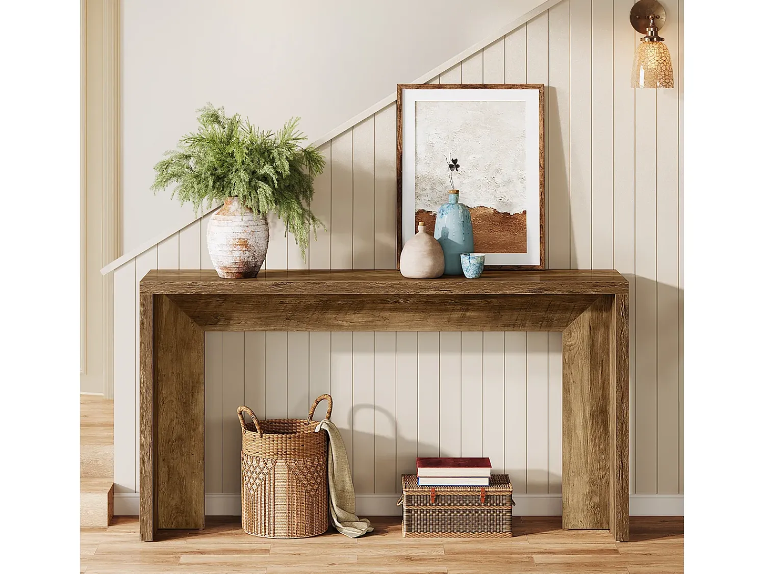 Consola|Tribesigns Mesa de console em estilo fazenda, mesa de 140 cm para sala com armazenamento para entrada. Castanho