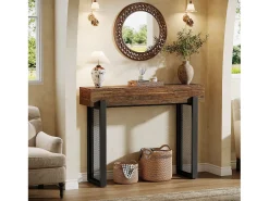 Outlet Tribesigns Mesa de console em madeira de 105 cm com armazenamento, pequena mesa para entrada industrial com pernas de metal em malha Castanho