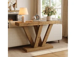 Clearance Tribesigns Mesa de console em madeira sólida, mesa de entrada rústica de 120 cm para sofá com base em duplo V Castanho