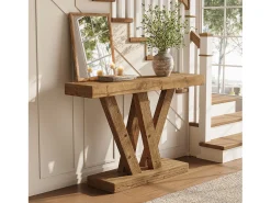 Clearance Tribesigns Mesa de console em madeira sólida, mesa de entrada rústica de 120 cm para sofá com base em duplo V Castanho