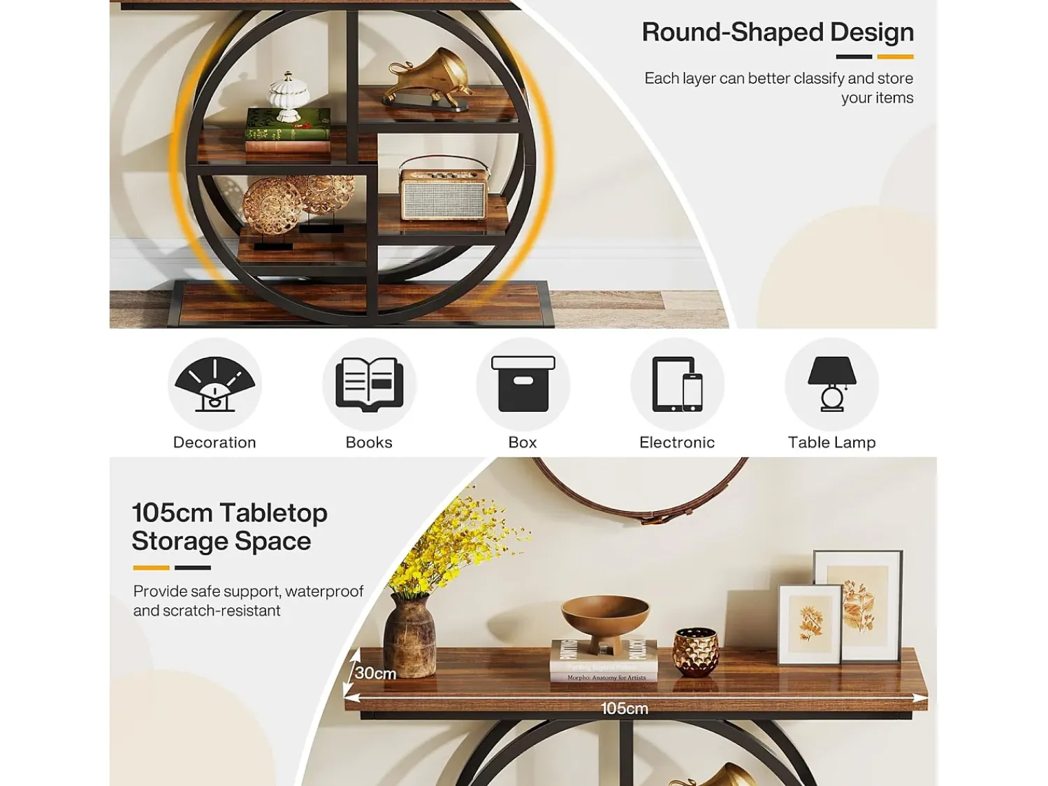 Tribesigns Mesa de console industrial com seis níveis e base circular - Mesa auxiliar estreita de madeira com prateleiras de armazenamento para o sala de estar^ Consola