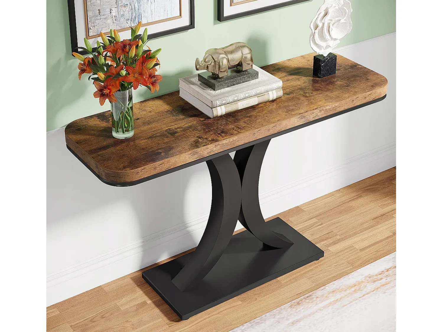 Tribesigns Mesa de Console Industrial, Mesa estreita de Entrada de Hall de 100 cm com Base geométrica, Mesa auxiliar de Corredor Rústica para Sala, entrada Castanho