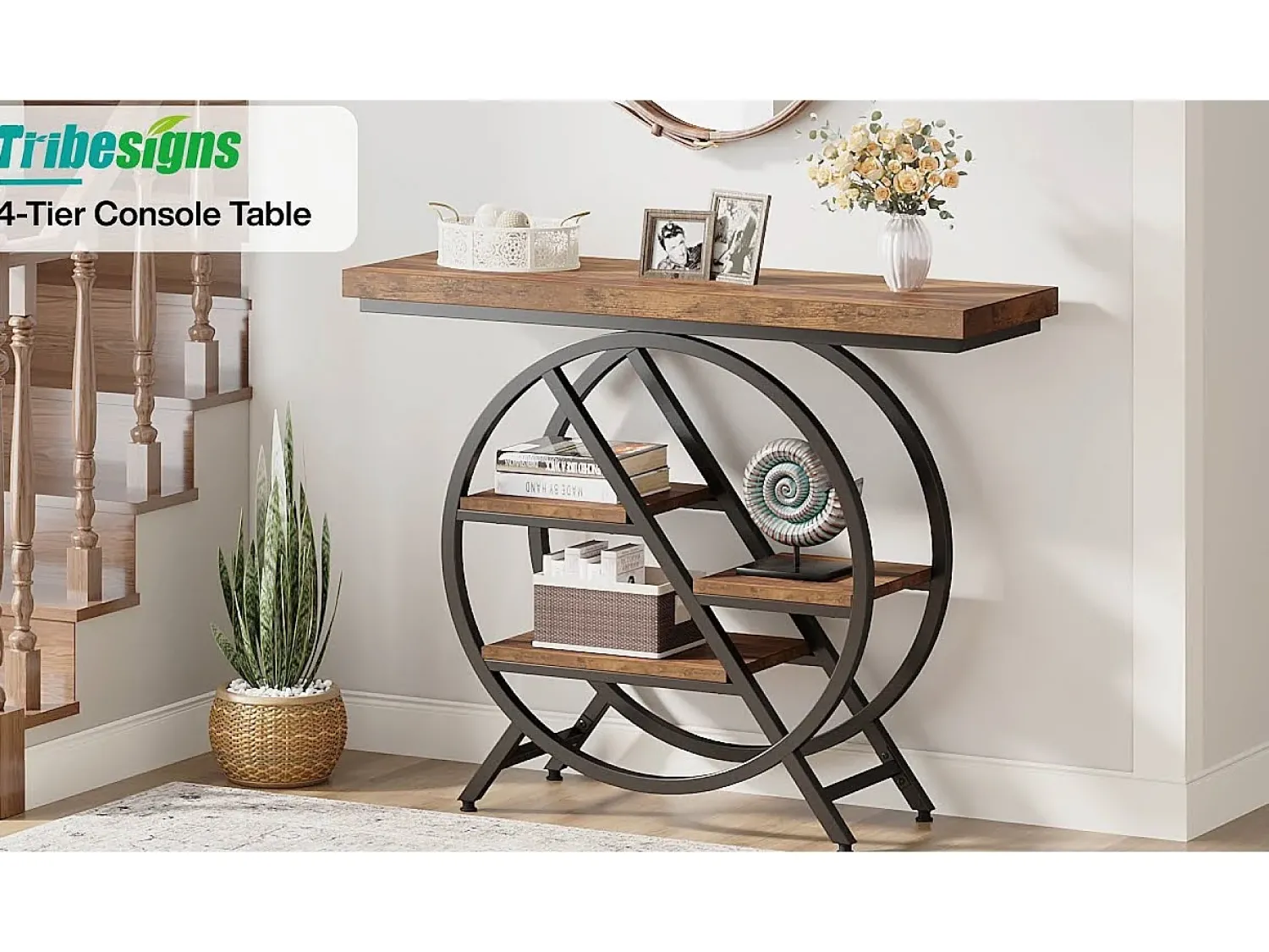 Tribesigns Mesa de Console, Mesa de Entrada de 100 cm com Tampo Espesso, Mesa de Sofá Industrial, Mesas Auxiliares, Marrom Rústico^ Consola