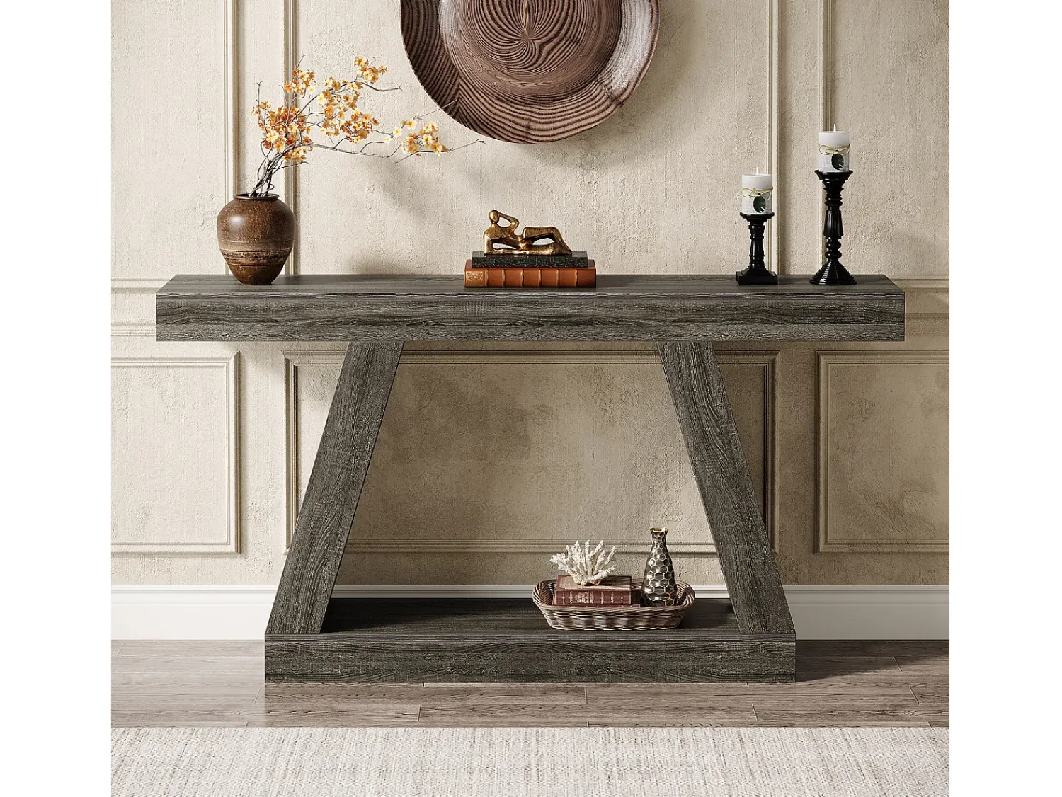 Consola|Tribesigns Mesa de Console, Mesa de Sofá Rústica de 140cm com Armazenamento, Mesa de Entrada para Corredor, Sala de Estar, Cinza Cinzento