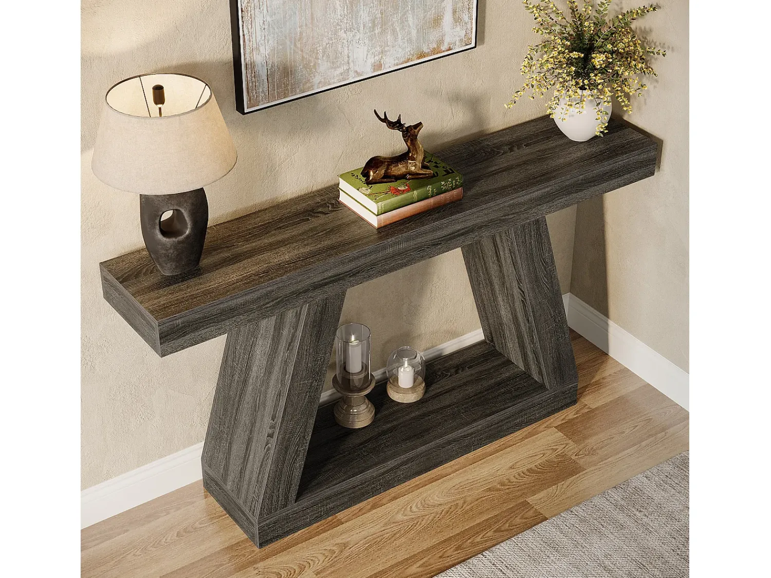 Consola|Tribesigns Mesa de Console, Mesa de Sofá Rústica de 140cm com Armazenamento, Mesa de Entrada para Corredor, Sala de Estar, Cinza Cinzento