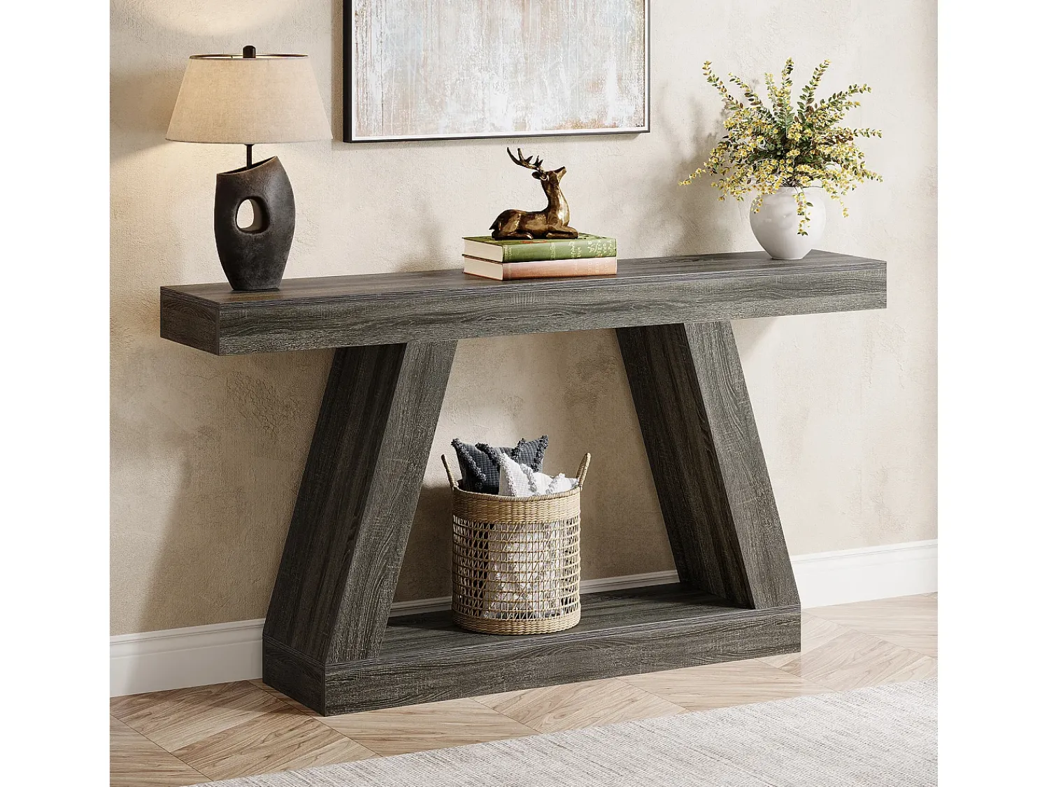 Consola|Tribesigns Mesa de Console, Mesa de Sofá Rústica de 140cm com Armazenamento, Mesa de Entrada para Corredor, Sala de Estar, Cinza Cinzento